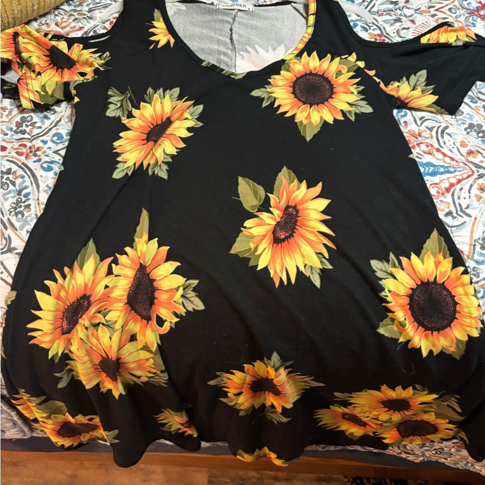 Sunflower Print Black Women's Top
